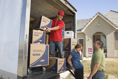 Packed boxes and furniture ready for a Ratcliff house move