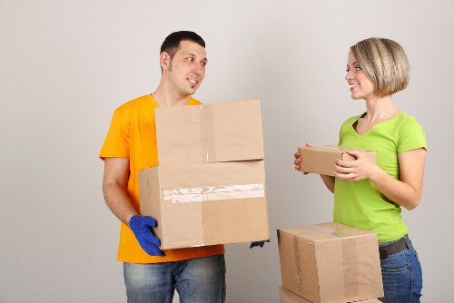 Packed office boxes and desks prepared for a Ratcliff relocation